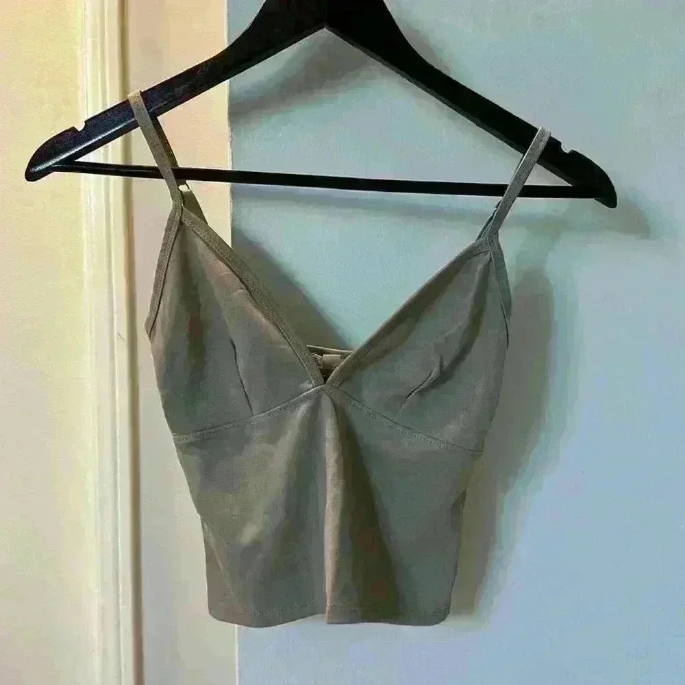 Silence + Noise Beige V Neck Crop Tank Top